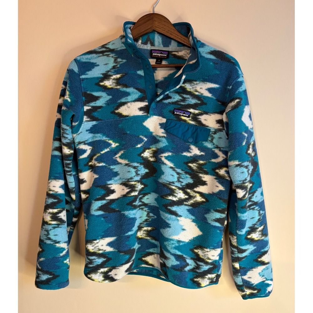 Patagonia Synchilla Fleece Pullover Jacket Aztec Print‎ Teal Blue Womens Size S